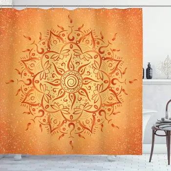 

Lotus Shower Curtain, Sun Pattern with Ombre Effect Mandala Culture Print, Cloth Fabric Bathroom Decor Set with Hooks Orange