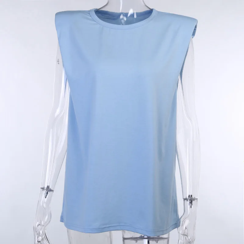 Viifaa White T Shirt with Shoulder Pad Sleeveless Round Neck Summer Tshirt Women Casual Loose Office Ladies Tops