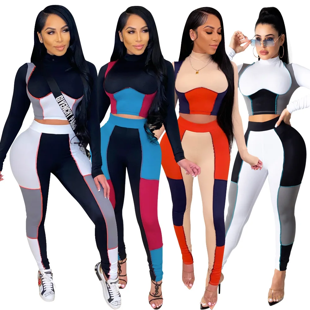 Patchwork Skinny 2 Two Piece Set Women Spring Mock Neck Crop Top+Stretchy Legging Matching Outfits Female Hot Streetwear 2021 2021 men black trousers hole pencil pants stretchy ripped skinny biker hot drill high quality street punk washed destroyed jeans