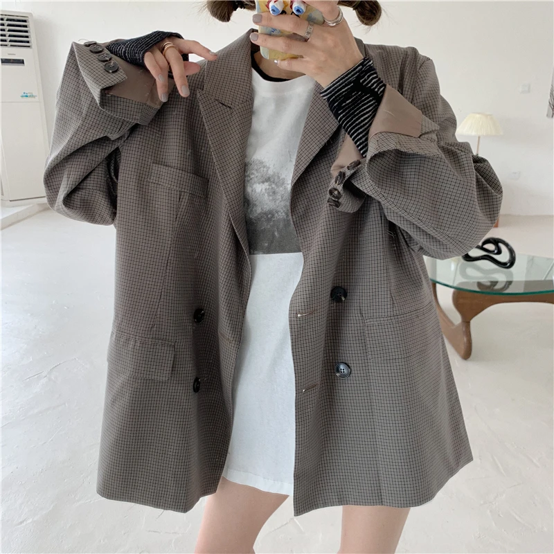Корейский женский негабаритный блейзер винтажный клетчатый пиджак и куртки Femme Повседневный Блейзер Chaqueta Feminino