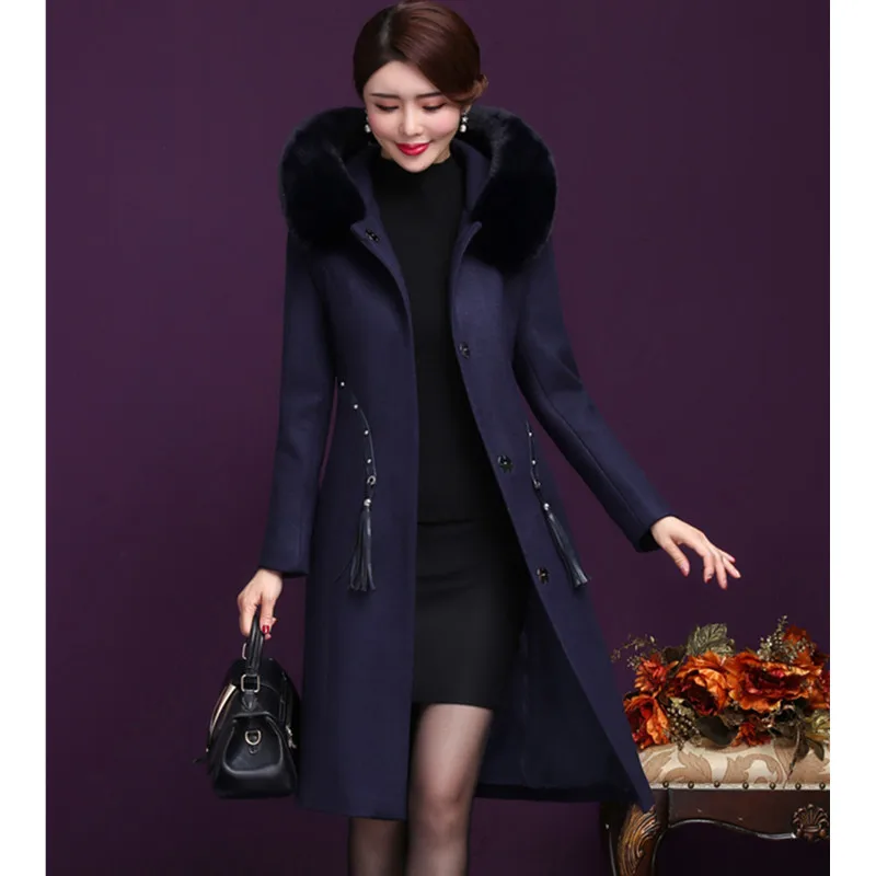 UHYTGF Quality cashmere wool coat women fashion fur collar hooded warm long jacket autumn winter woolen coat women plus size 442