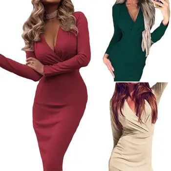 

2019 Autumn Hot Slim Dress Women Solid Color Chic Party Dresses Casual Deep-V Neck Solid Color Chemical Fiber Blend Dresses