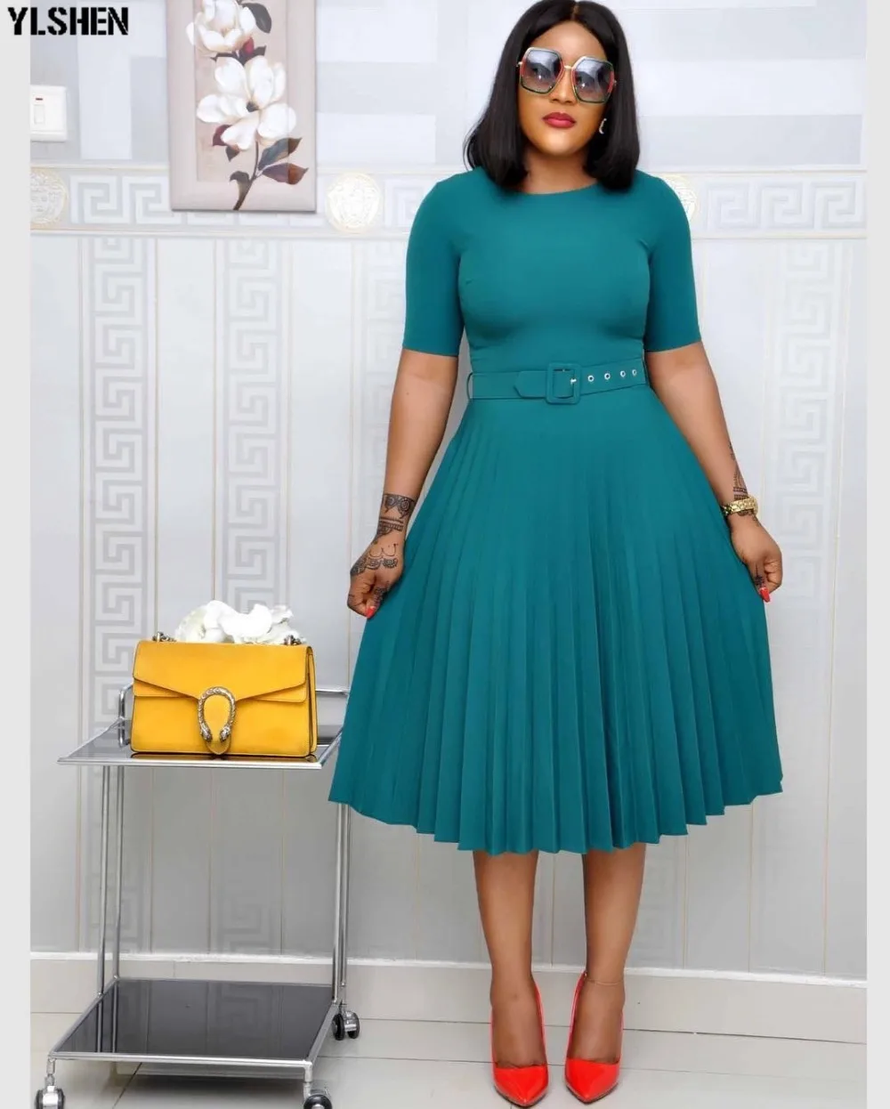 Pleated African Dresses For Women 2020 Elegent Fashion Style African Women Plus Size Polyester Knee-length Dress S-3XL 08