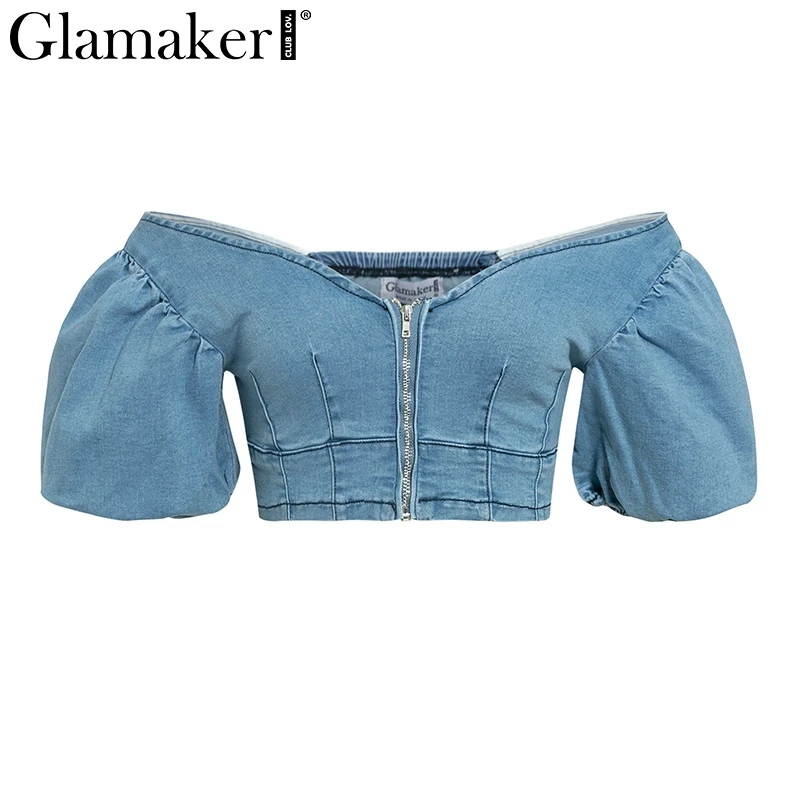 Glamaker, сексуальный джинсовый синий укороченный топ, рубашка, для женщин, с пышными рукавами, бодикон, Клубная джинсовая майка, Женский Топ с открытыми плечами, уличная одежда, Топы И Футболки - Цвет: Синий