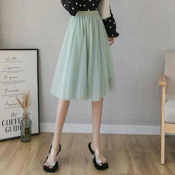 

Summer Skirts Womens 2020 Layered Mesh Tulle Skirt Women Elastic High Waist A Line Midi Skirt Jupe Femme Casual Woman Skirts