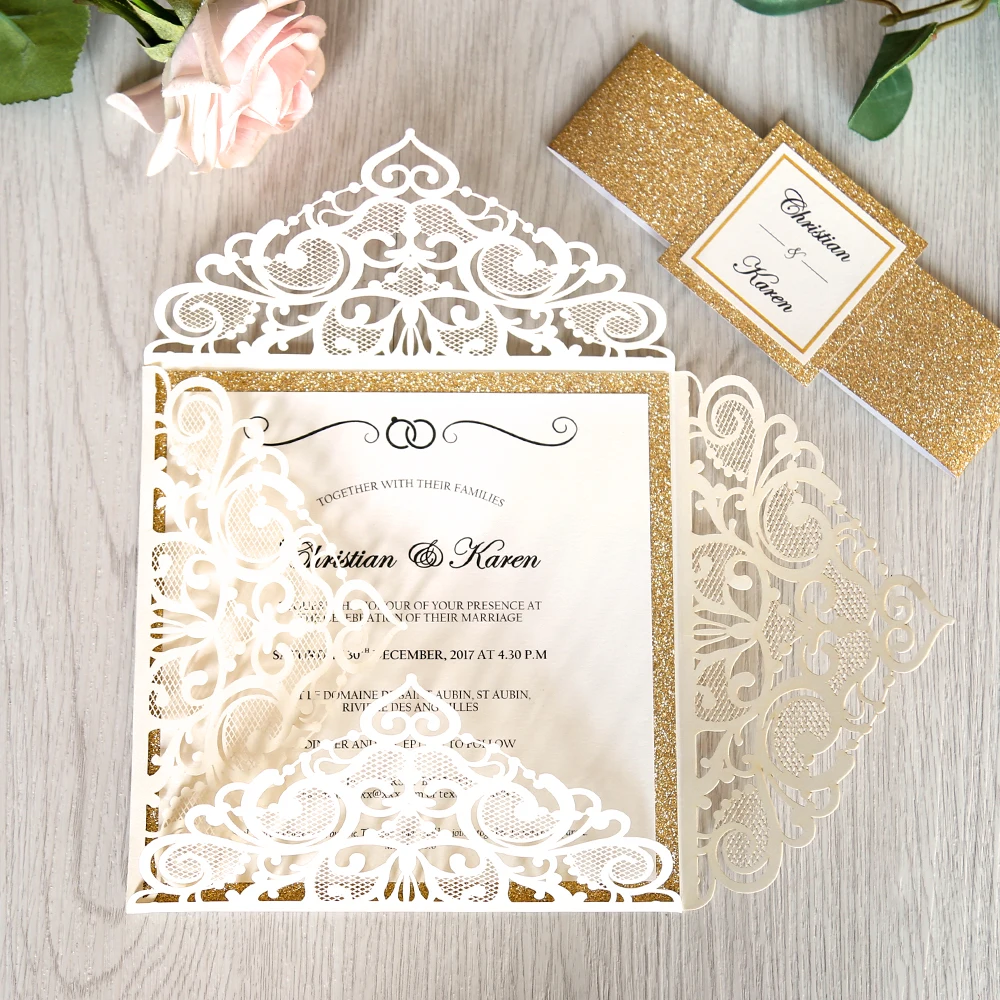  1pcs Burgundy Silver White Gold and Navy Blue Square Wedding Invitations with Gold Band - 4.00035E+12