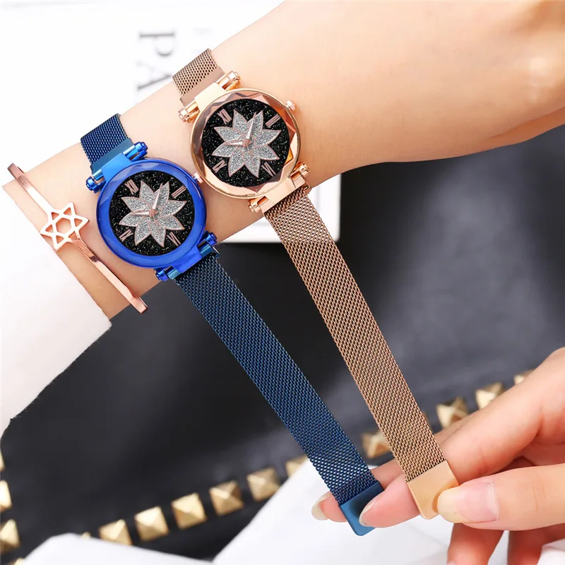 

2020 Hot New Fashion Women Watch Starry Sky Flower Shape Quartz Watches Magnet Strap Lron Female Clock Reloj Mujer Montre Femme