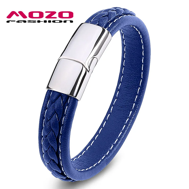 SY010-L MOZO модные панк мужские ювелирные изделия плетеный кожаный браслет женский браслет ручной работы модный браслет с застежкой из нержавеющей стали синий - Окраска металла: SY010-L