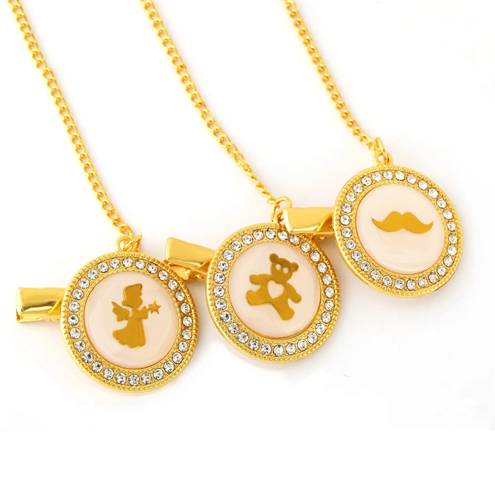 Handmade Baby Boys Girls High Class Golded Pacifier Clip Chain Safe Pacifier Holder Bling Bling Metal Chain