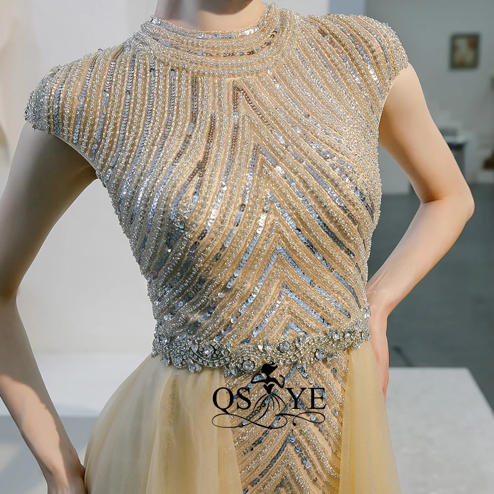 QSYYE2019 ever pretty Long Prom Платья Тюль o-образным вырезом корт Поезд Труба украшенное бисером с длиной до пола формальное вечернее платье вечерние платья