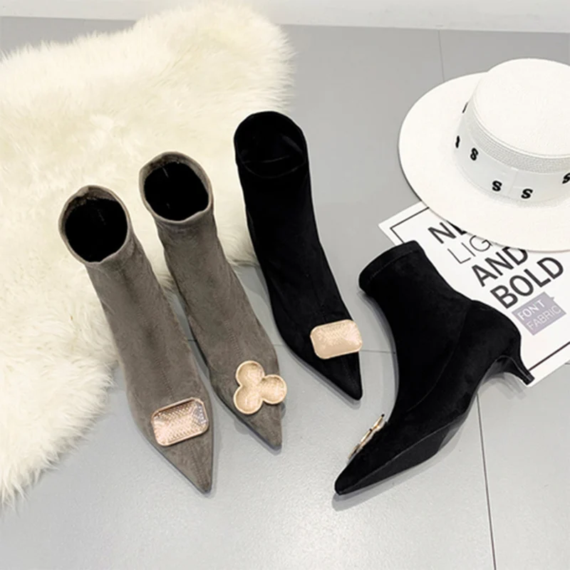 

TINGHON Kitten Heel Sock Boots Women Sexy Pointed Toe Ankle Boots for Women Metal Buckle Suede Women Boots Shoes