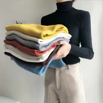 

Autumn Sweater Womens Turtleneck Knitted Sweater Women Solid Striped Sweater Polo-neck Sweaters Lady Knitting Sweater Pullovers