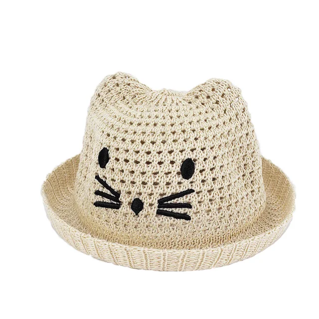 Child Summer Sunscreen Straw Knit Sun Fisherman Hat Boy Girl Imitation Raffia Embroidery Cartoon Cat Breathable Basin Cap R64 1