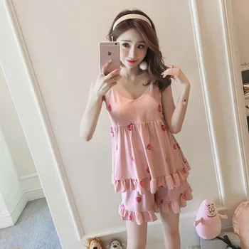

Chest Pad Pajamas Female Summer Camisole Sweet Cute Korean-style-Home Wear Two-Piece Set Strawberry GIRL'S