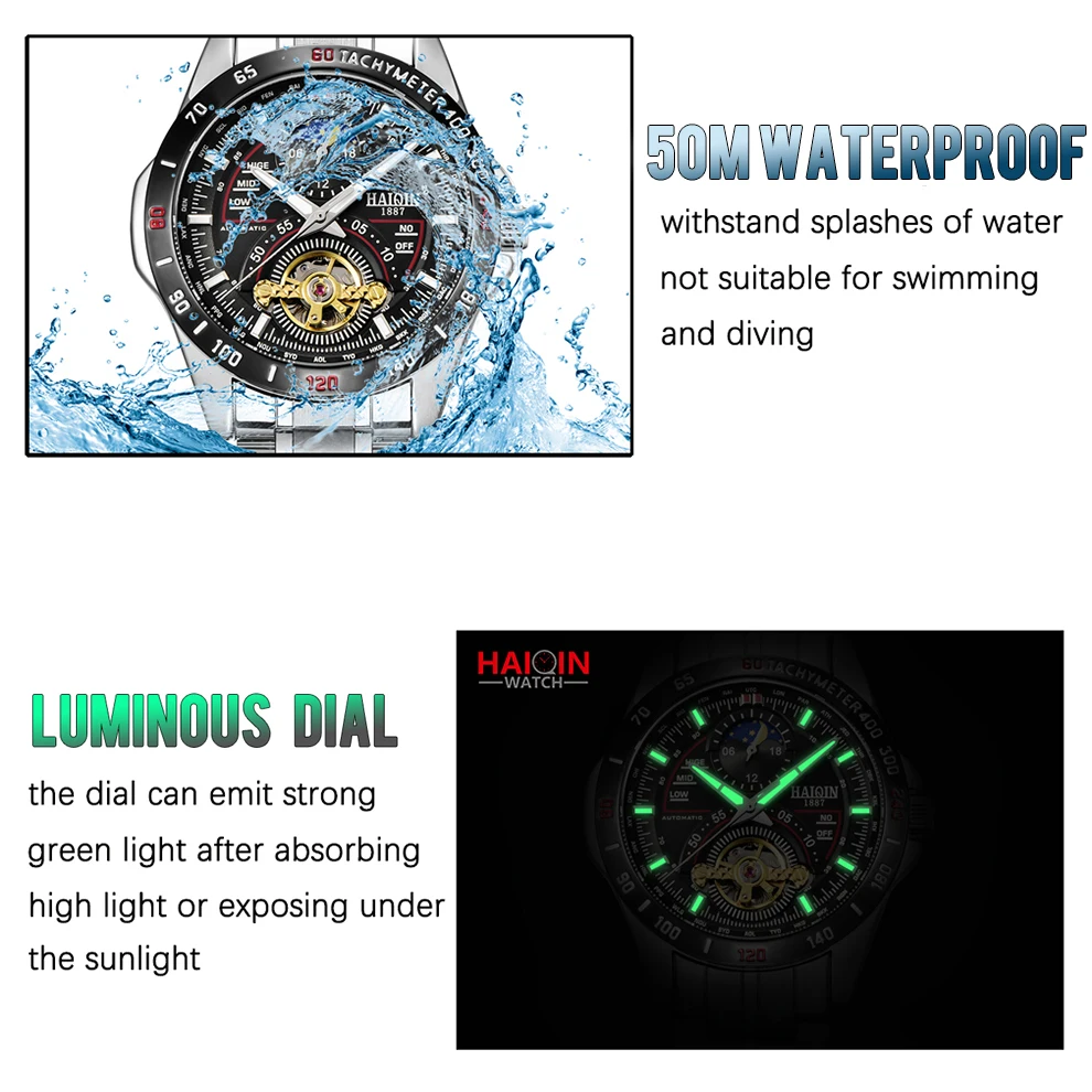 HAIQIN Mens Watches Automatic Mechanical Wrist Watch Waterproof Luminous Luxury Stainless Steel Military Watch Relogio Masculino