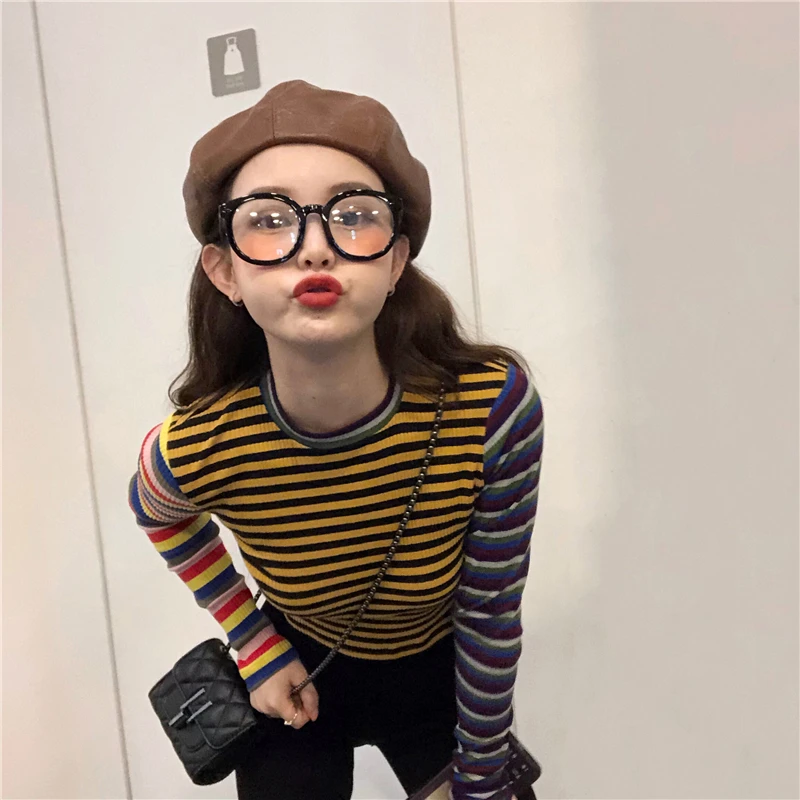 Neploe/винтажная Корейская уличная Футболка Harajuku полосатая Лоскутная укороченная футболка с длинным рукавом женская тонкая одежда забавная футболка