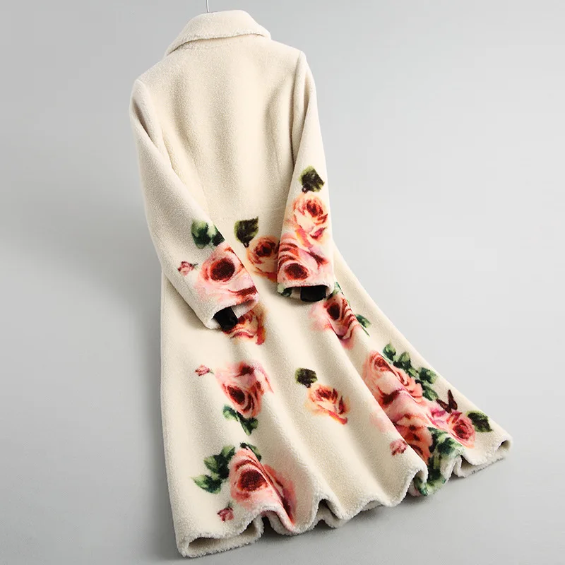 Echte Winter Vrouwen Schapen Shearling Bont 100% Wol Jas Koreaanse Vintage Print Bloemen Lange Jas HQ12-OX009C YY339 Echte Winter Vrouwen Schapen Shearling Bont 100% Wol Jas Koreaanse Vintage Print Bloemen Lange Jas HQ12-OX009C YY339