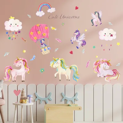 Colorful Rainbow Pink Princess Castle Unicorn Wall Sticker For Girls Kids Bedroom Unicorn Wall Decor Vinyl Mural Decals Muraux 