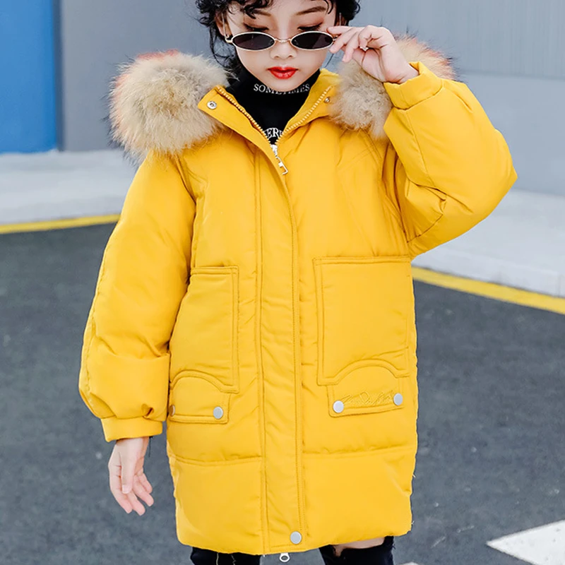 

Girl Winter Down Coat Park For Girls Embroidery Letters Long Outfit Big Children Colored Fur Collar Top 5 Colors