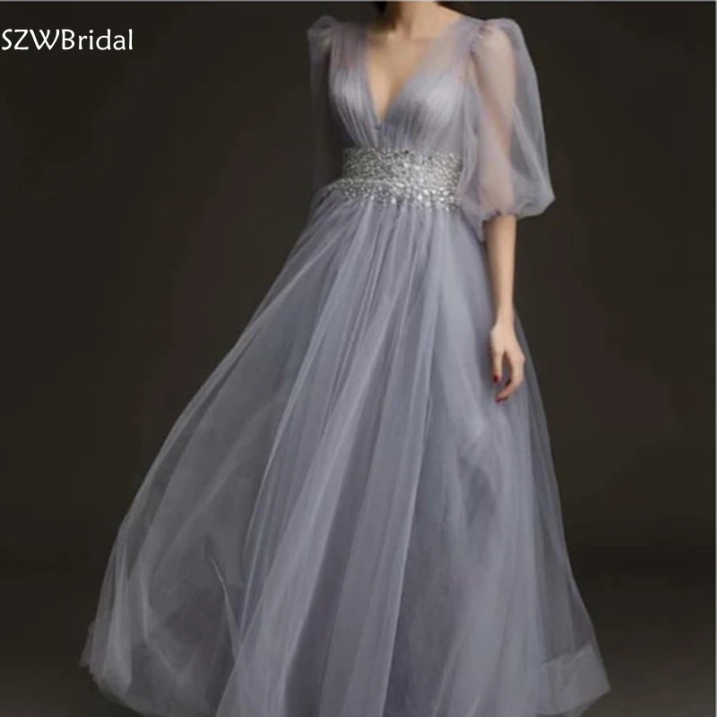 

New Arrival V Neck Long evening dress 20212abiye Waist Beading Crystals Evening gowns Vestido de festa long dresses evening