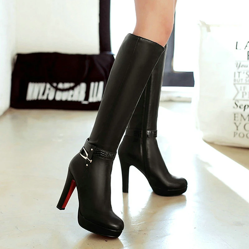 

Faux Leather Women Boots Fashion All Match Knee High Boots Winter Platform High Heel Boots Women Shoes Black White Apricot 2022