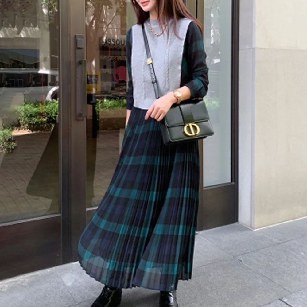 Wholesale qBFc5 Korean Style Plaid Women Long Dresses Spring Autumn 2019 Pleated High Waist Daily Date Dress Robe Femme Vestiods Maxi Dress Wholesale qBFc5 Korean Style Plaid Women Long Dresses Spring Autumn 2019 Pleated High Waist Daily Date Dress Robe Femme Vestiods Maxi Dress