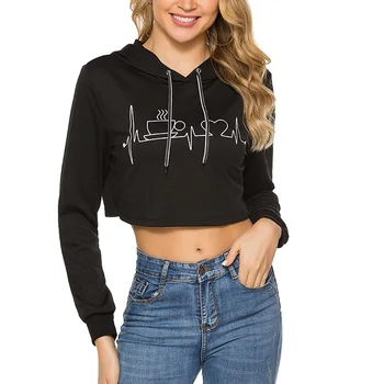 

Woman Hoodies Lady Hooded Printed long-sleeved Solid Color Dew Waist Cropped Hoodie Feminina Sweatshirts