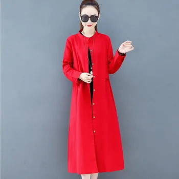 

Women's Trench Coat Spring And Autumn New Loose Long Thin Coat Solid Color Collar Long Sleeve Single-breasted Button ropa mujer