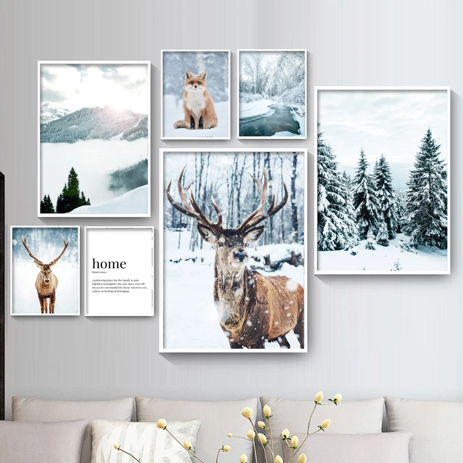 Winter Snow Mountain Forest Deer Fox Wall Art Canvas Painting Nordic Posters And Prints Wall Pictures For Home Living Room Decor