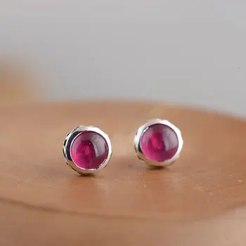 

FNJ 925 Silver Stud Earrings for Women Jewelry New Fine 100% Pure S925 Sterling Silver Earring Round Red Corundum