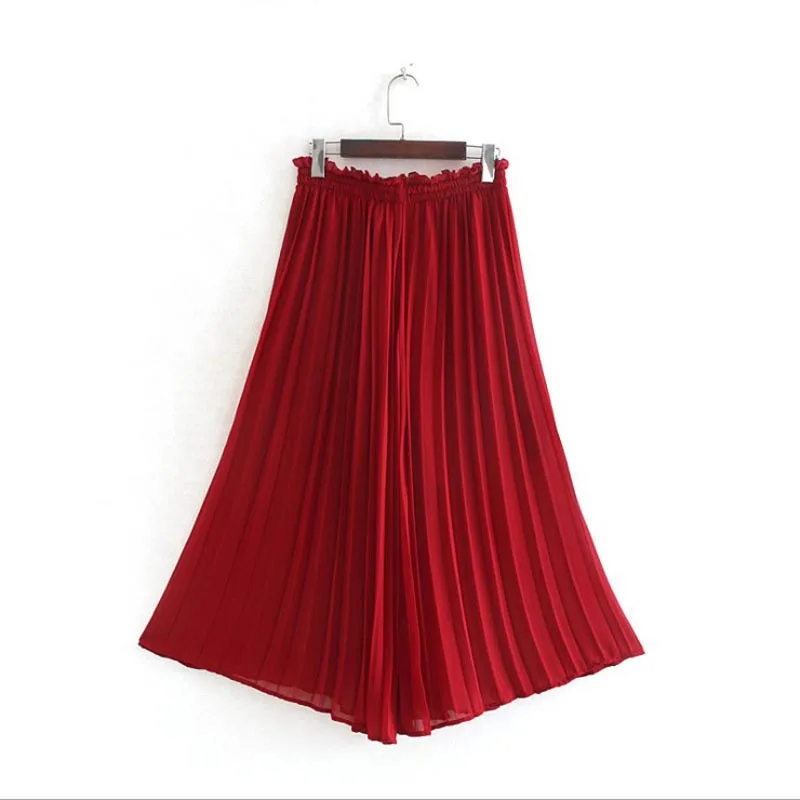 

KZ930 Women Autumn Design Elastic Waist Red Color Pleated Wide leg Pants Fashion Cool Trousers