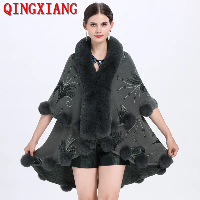 4 Colors Women Jacquard Pompon Cloak Big Faux Fur Collar Ball Two Layers Long Cardigan Coat Winter Thick Loose Poncho Cape