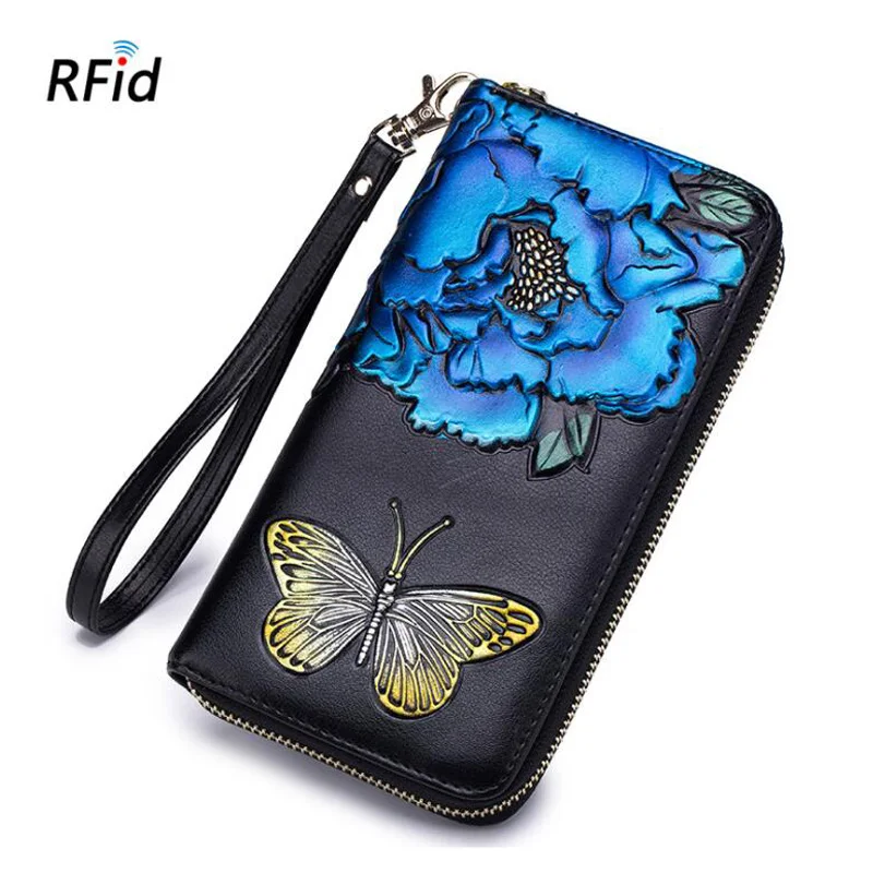 Западный Rfid Buttfly пион ручная роспись кожаный женский Wallt винтажный принт длинный кожаный женский кошелек - Цвет: Blue