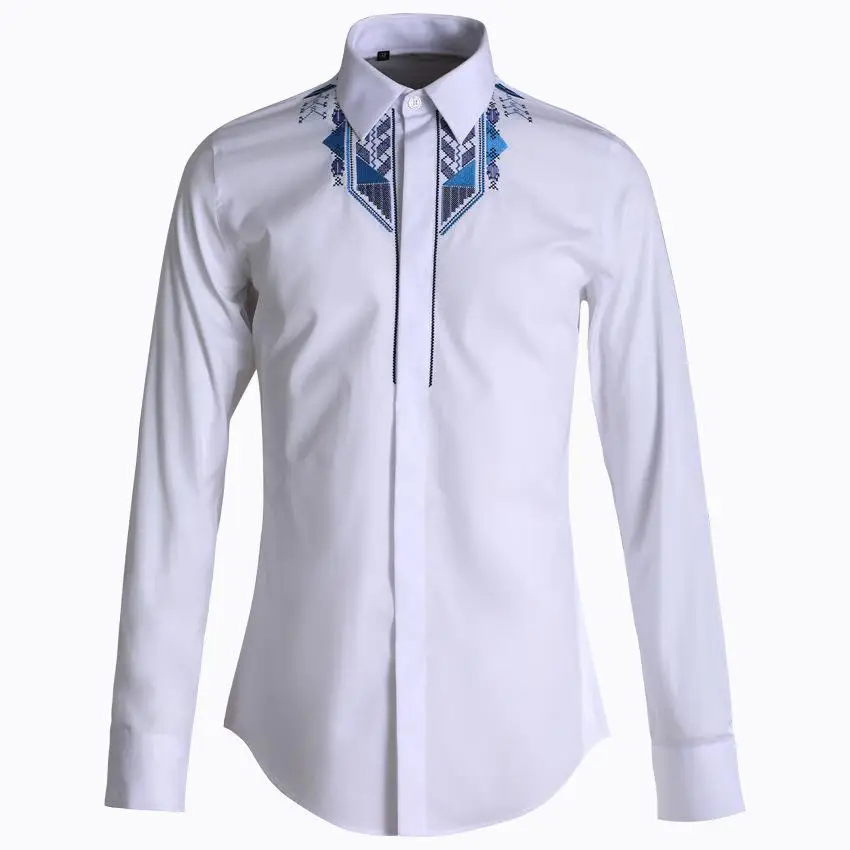 New Arrival High Quality Fabric Element Style Totem Embroidery Men Long Sleeve Fashion Casual Shirts Plsu Size M L XL 2XL3XL 4XL - Цвет: white