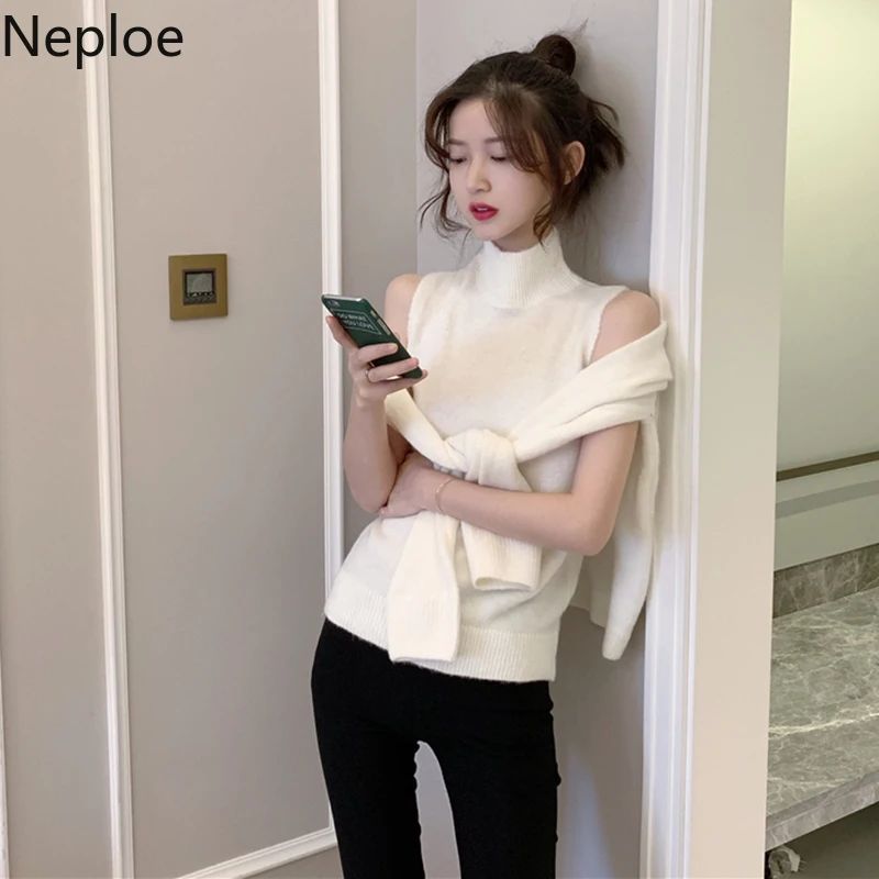 Neploe, корейский сексуальный Вязанный свитер без бретелек, джемпер с перекрестными завязками, дизайнерский пуловер, топ, однотонный Модный пуловер, женская верхняя одежда 48106
