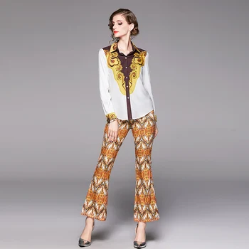 

Autumn Runway Pants Suits Women Long Sleeve Printed Blouses Shirts + Vintage Pocket Flared Trousers Fashion 2 Piece Set women