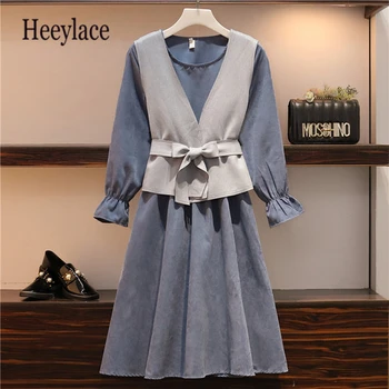 

Plus size 2019 autumn women office ladies two piece suits vintage chiffon dress and suede vest outfits elegant 2 piece set