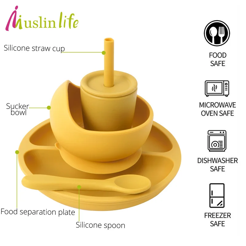 Bpa Free Children's Tableware Fashionable Soft Silicone Food Plates Easy To Clean Washing Up Straw Cup Spoons Cute Gadget