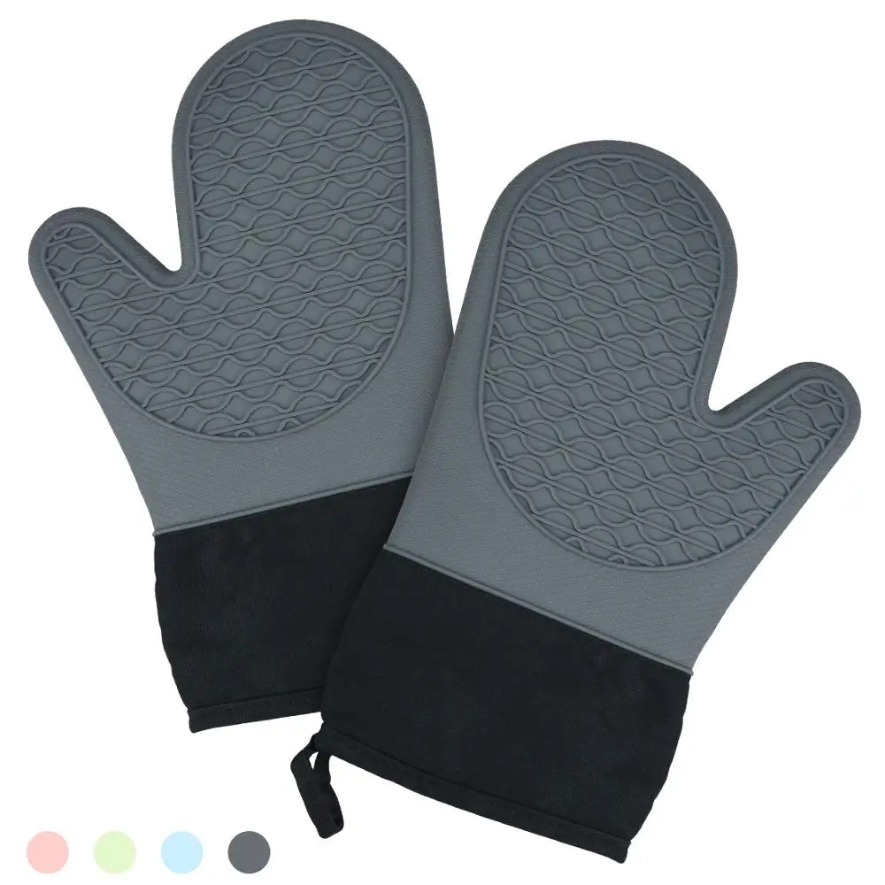 Двойные хлопчатобумажные перчатки для духовки, термостойкие силиконовые кухонные хлопковые перчатки для выпечки, серые нескользящие перчатки для гриля и барбекю - Цвет: A pair