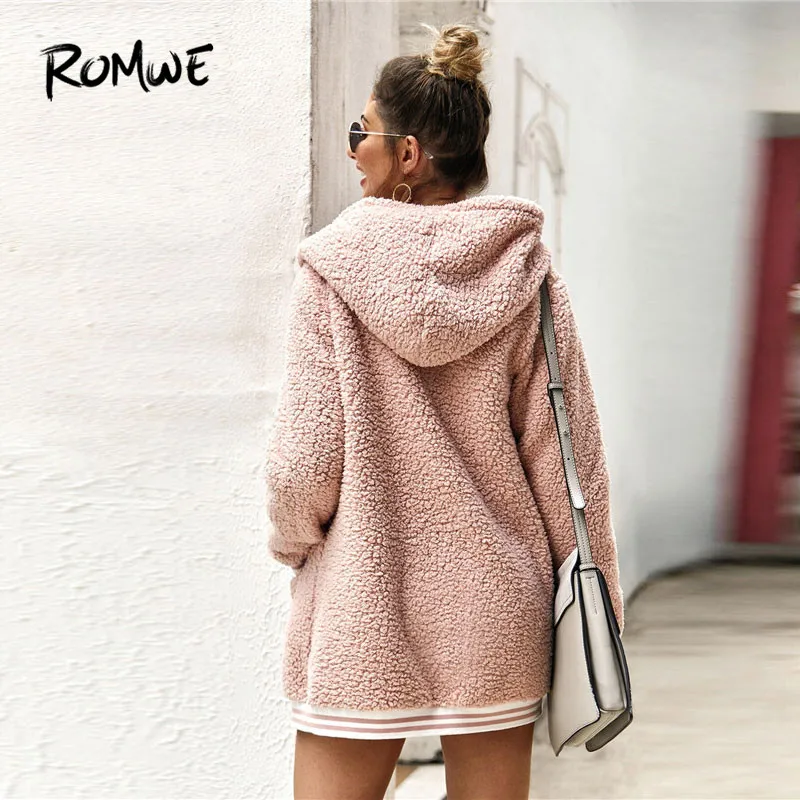 Greatest  ROMWE Contrast Stripe Trim Hooded Teddy Jacket Winter 2019 Coat Women Long Sleeve Casual Pocket Bom