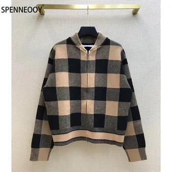 

SPENNEOOY Designer Brand Autumn Winter Cashmere Knitting Cardigan Women Fashion Long Sleeve Plaid Sweater Coat