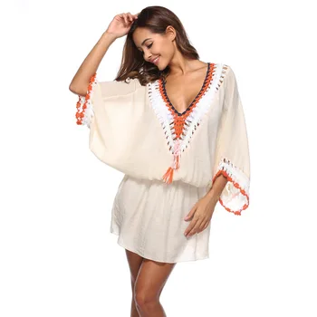 

Dresses On The Beach Swimsuit Kaftan Cover-Ups Color Neck Bat Long Sleeve High Waistband 2020 Skirt Cover Up Patchwork Acrylic