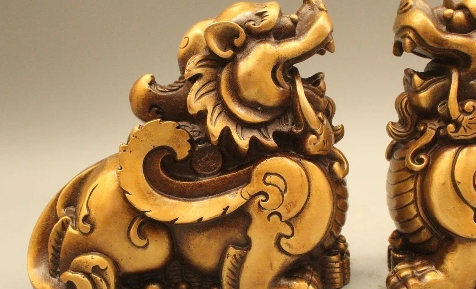 6" Chinese Copper Kylin Beast Unicorn Pixiu Wealth Money Ru Yi Rich Statue Pair