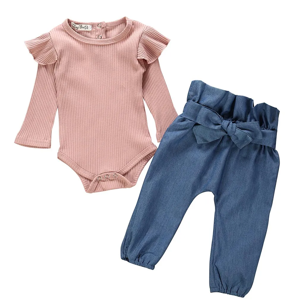 Комплект детской одежды из 2 предметов; корейский комбинезон с оборками для девочек; одежда с длинными рукавами; штаны в полоску для малышей; модная зимняя одежда для новорожденных; 19Jul