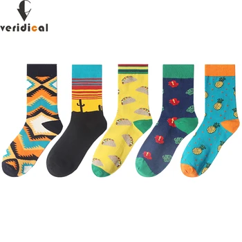 

VERIDICAL Combed Cotton Men Socks Colorful Cactus, flowers, hamburgers, pineapple happy weed socks sokken hip hop 5 pair/lot