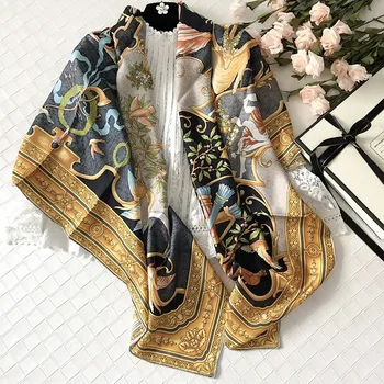 

100% Real Silk Twill Scarf Fashion Women Scarves Shawl Coat Wrap Poncho Luxury Beach Cloak Greek Mythology Pattern 140cm