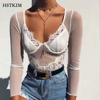

Mesh Solid Lace Bodysuits Sexy Women Floral Embroidery Transparent Long Sleeve Deep V-Neck Sheer Body Clothes Corset Overalls