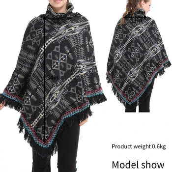 

2019 fashion long section high collar jacket with fringed shawl loose coat printing thick sweater autumn new