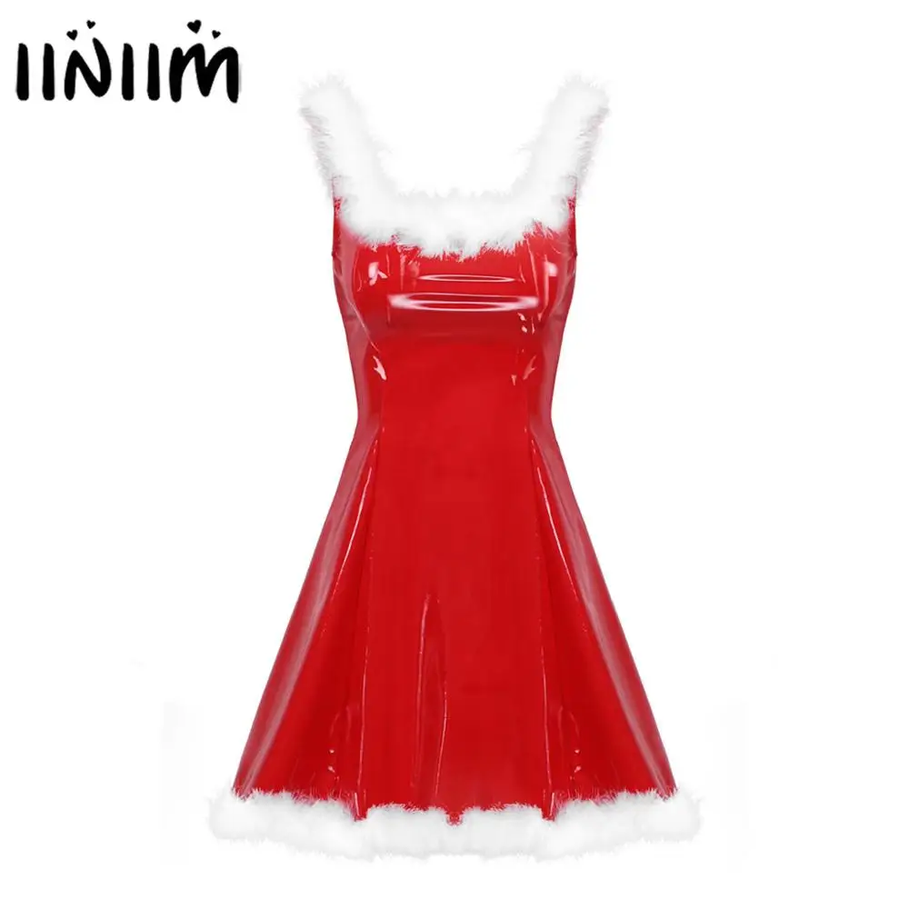 Womens Mrs Santa Claus Fancy Dress Christmas Costume Cosplay Clubwear Sleeveless Latex White Feather Trim A-line Dress with Hat