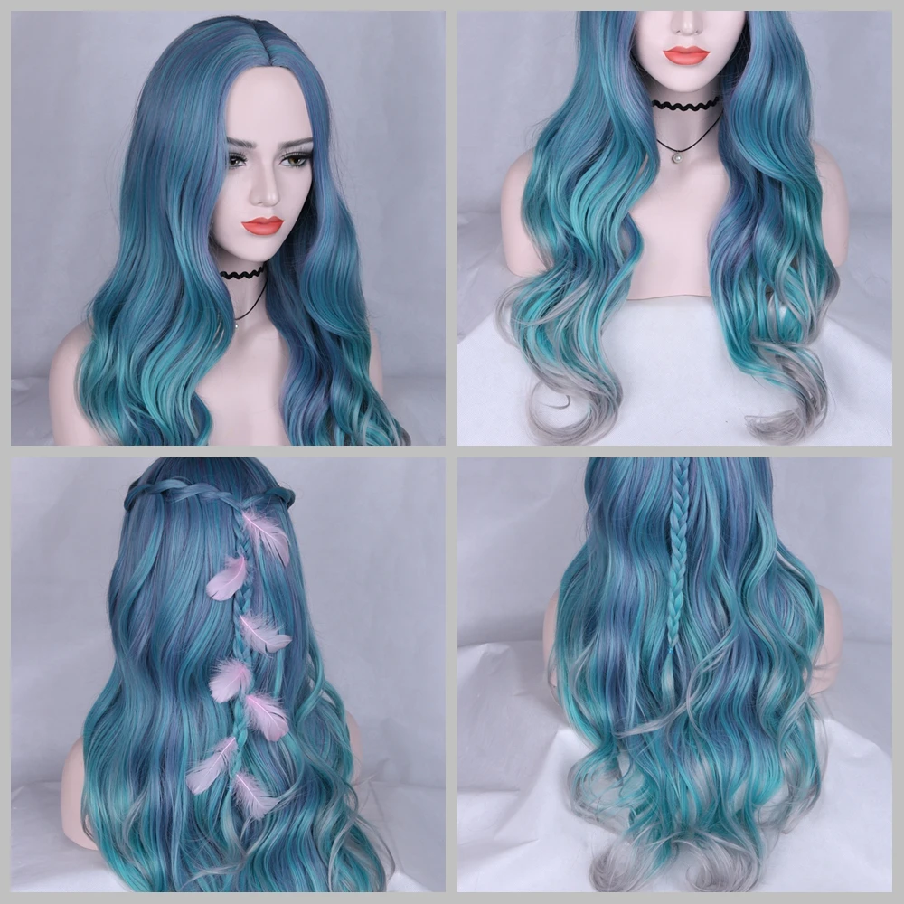 FAVE Long Wavy Hair Mixed Violet Blue Green Light Gray Heat Resistant Synthetic Wigs For Women Middle Part Halloween Party Wigs